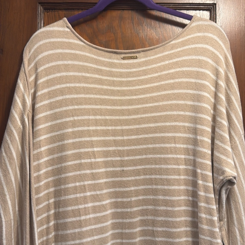 Michael Kors Women’s Tan White Stripe Pullover Sweater Ties On The Side - Picture 10 of 12